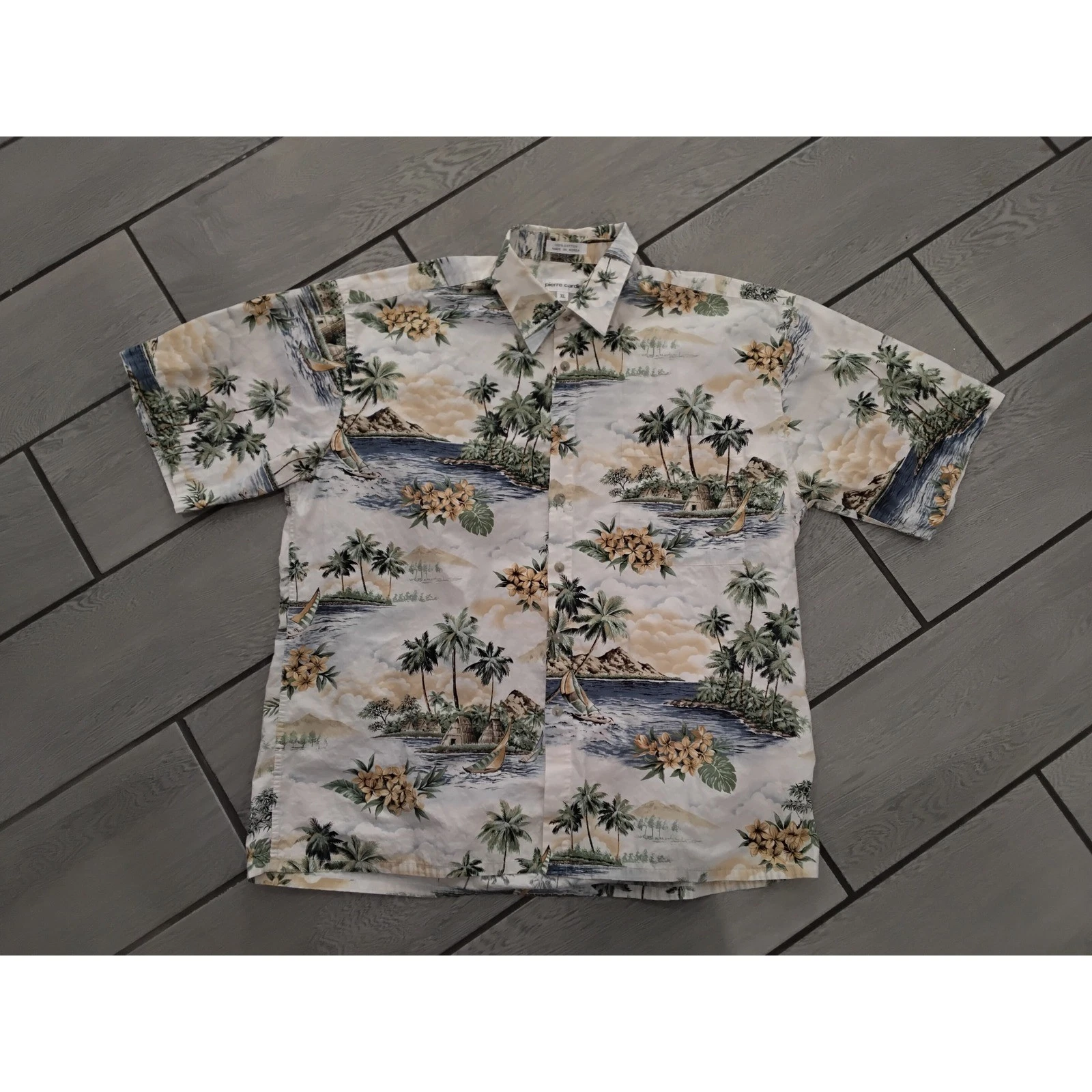 Pierre Cardin Mens Tropical Hawaiian Shirt XL Palm Trees Short Sleeve Button Up