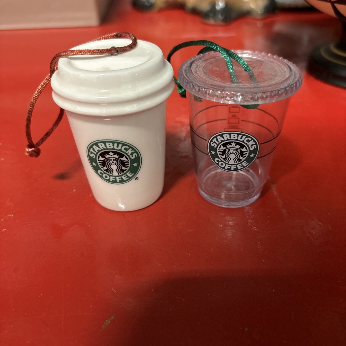 2007 & 2009 STARBUCKS Cup Ornament Holiday Christmas w/ GREEN Logo HTF Rare