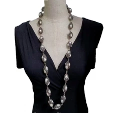 36" cultured white pearl black crystal pave long necklace