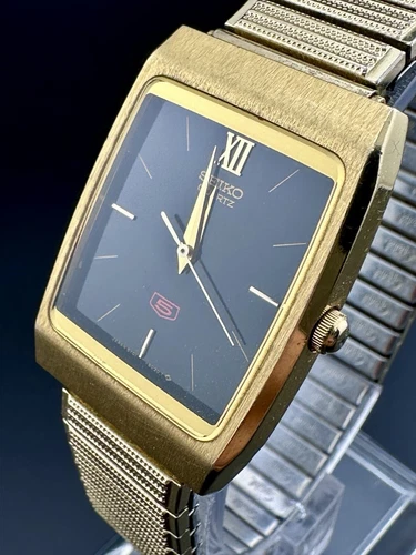 Rare Working Vintage Seiko 5 Men's Tank Gold Tone Watch 5Y01-5020 Black Dial K2