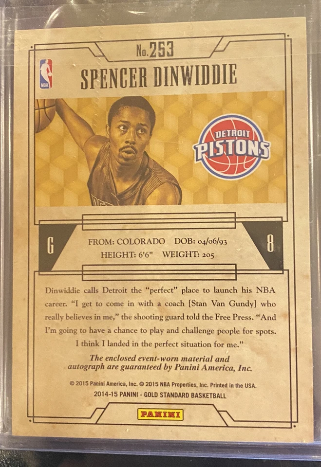 2014-15 GOLD STANDARD SPENCER DINWIDDIE RC Dual JERSEY AUTO /149 Autograph SP - Image 2 of 2