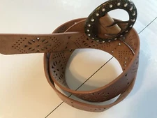 Unbranded women brown cut out faux leather jeweled buckle belt size M