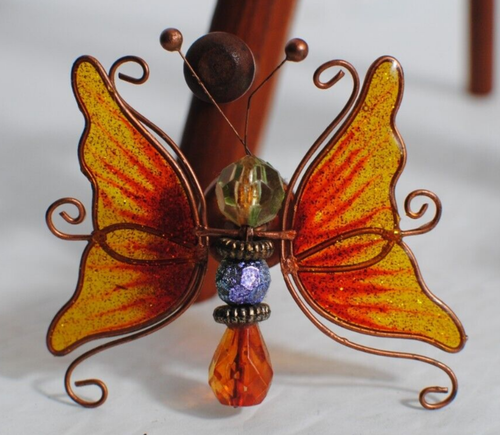 Vintage Hand-Made Resin Beaded Copper Butterfly Refrigerator Magnet 3 inches