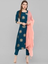 Women Pure Cotton 3/4 Sleeve Round Neck Daily Wear Kurta Pent Cut With Duppata