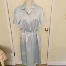 Vintage 50s Pale Blue Satin Shirtdress S-M