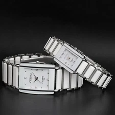 Waterproof Mens & Womens Ceramics Band Rectangle Crystal Quartz Wrist Watches