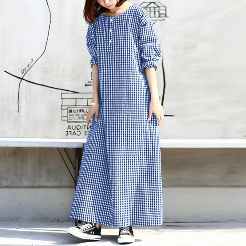 Fashion Womens Check Plaid O Neck Long Dress Casual Loose Shirt Dresse - Image 3 of 4