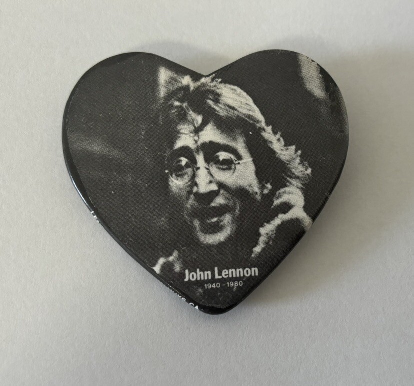 John Lennon 1940-1980 Heart Shape 2.75” Wide Commemorative Pinback