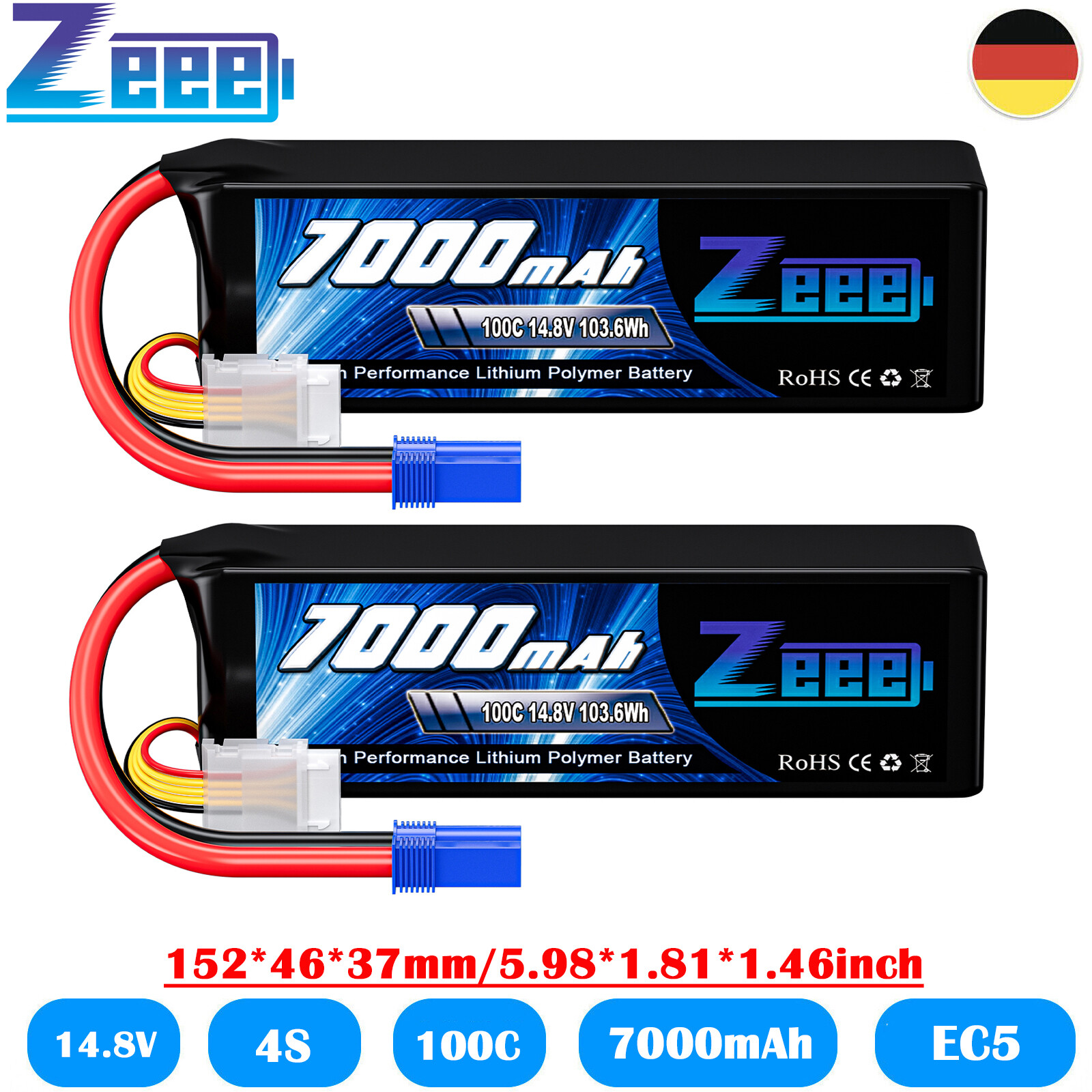 2x Zeee 4S Lipo batteria 14.8V 7000mAh 100C EC5 custodia morbida per RC auto barca