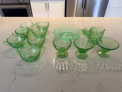 Uranium Vaseline Vintage Lot of 13 Green Depression Glass
