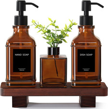 Modern Kitchen Soap Dispenser Set with Wood Tray, Amber Glass Soap Dispensers wi