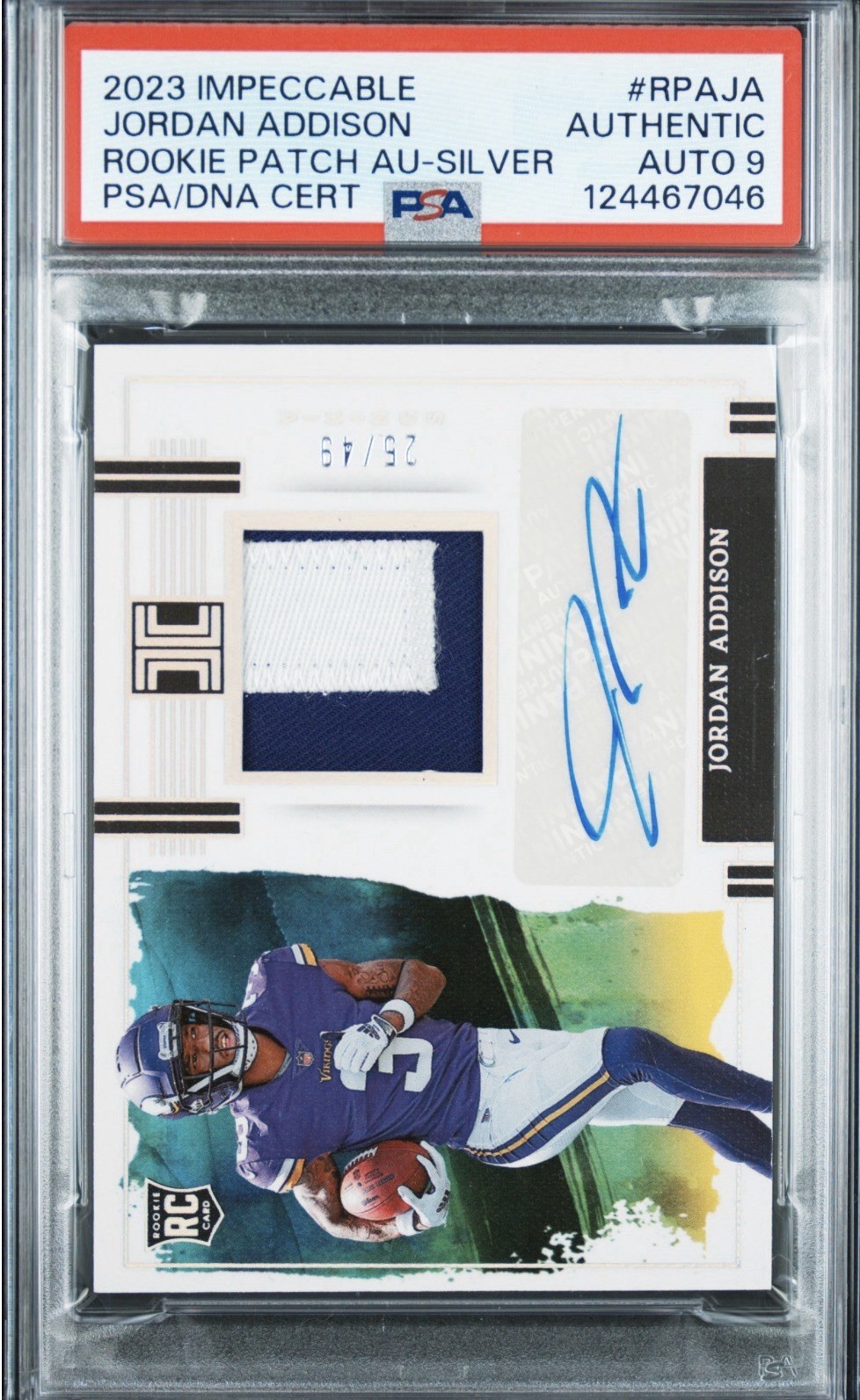 2023 Impeccable Silver RPA /49 Jordan Addison RC Rookie PSA Auth Auto 9 Pop 1!