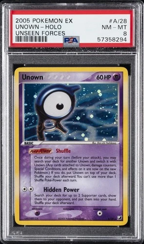 2005 POKEMON EX UNSEEN FORCES #A/28 UNOWN-HOLO PSA 8