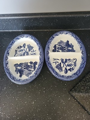 2 × Churchill England blau-weiß Weidenmuster 2 Abschnitte ovale Schalen 25×18cm