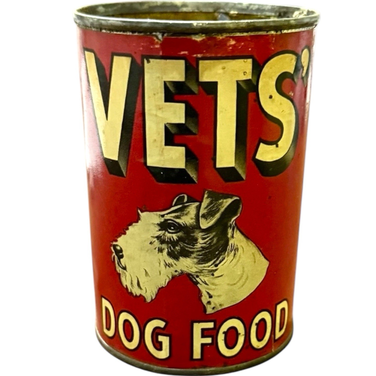 Can Paper Label Fox Terrier Pet Store Advertising