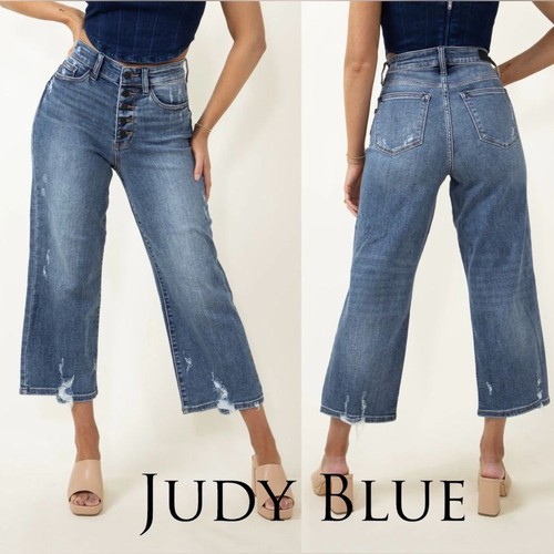 Judy BlueJeans Button Fly Wide Leg Crop Distressed 0/24 Medium Wash H/W JB82509