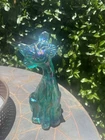 Fenton Winking Alley Cat Iridescent Green/ Teal  Carnival Glass 11"  Smiling Cat