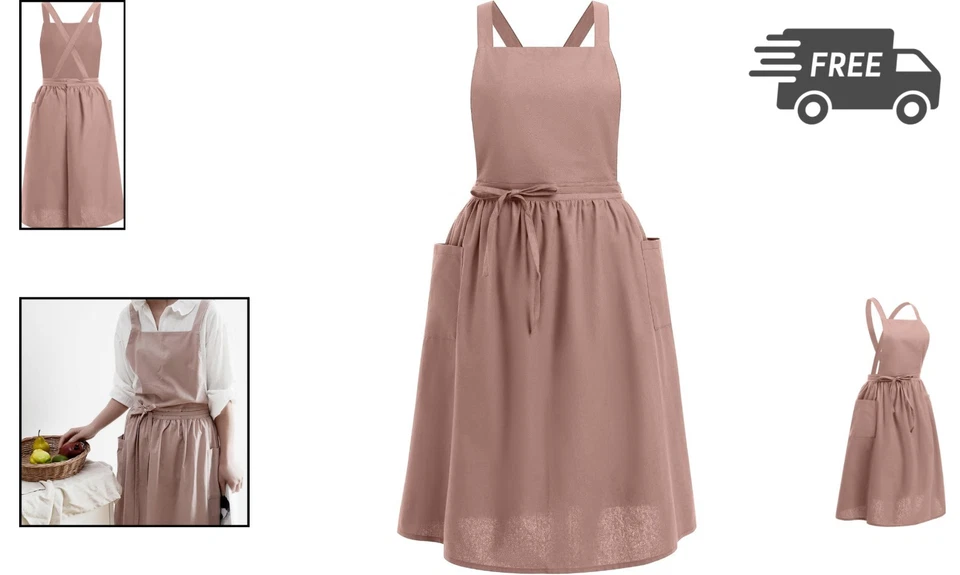 Cotton Linen Apron for Women Girls Pockets Vintage Cross Back Cooking Gardening - Image 2 of 4