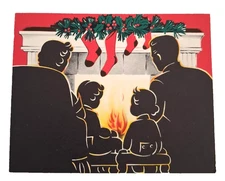 Vintage Norcross Christmas Card Silhouette of Family in Front of Fireplace Used