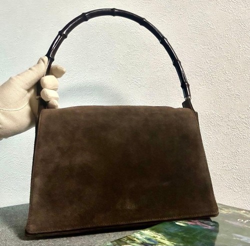 GUCCI Bamboo Handle Top Handle Bag Handbag Suede  Brown Tom Ford Era w/ Dust Bag