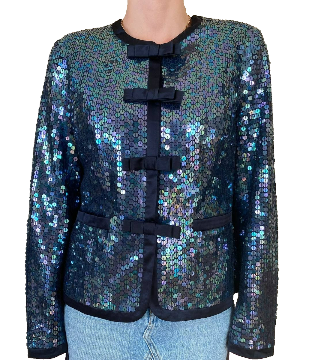 Stunning Prestige Elegance Iridescent Sequin Silk Jacket-Size L 