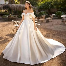 Beading V Neck Satin Wedding Dresses Classical Off The Shoulder Bridal Gowns
