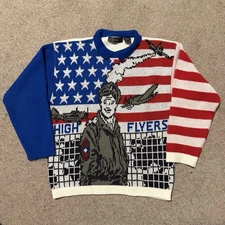 RARE NOS 80s VTG GITANO Knits High Flyers Graphic USA Military Pilot Sweater - M