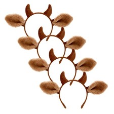 4-Pack Cow Ears Headband Realistic Brown Furry Horns for Animal Party