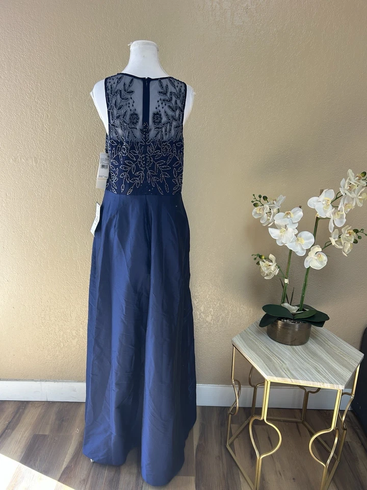 Vestido Largo Adriana Papell Azul Marino Claro Estilo Código AT412 Cuentas Top Tafetán Talla 12 Foto 2 de 4