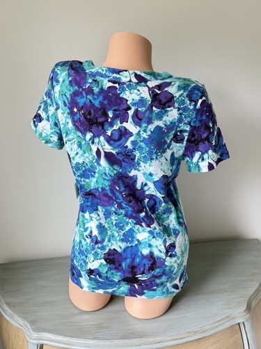 Maglione Rafaella 1/4 Zip Top L Coastal Teal Blu Viola Stampa Floreale Acquerello - Foto 3 di 9