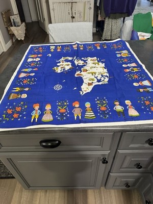 Danish Design Linen Tea Towel Vtg Kitchen Table Ethnic Folklore MCM Mid Century