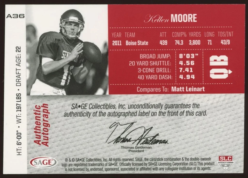 Kellen Moore Rookie Auto /50 Autograph 2012 SAGE Autographed Autographs Platinum - Image 2 of 3
