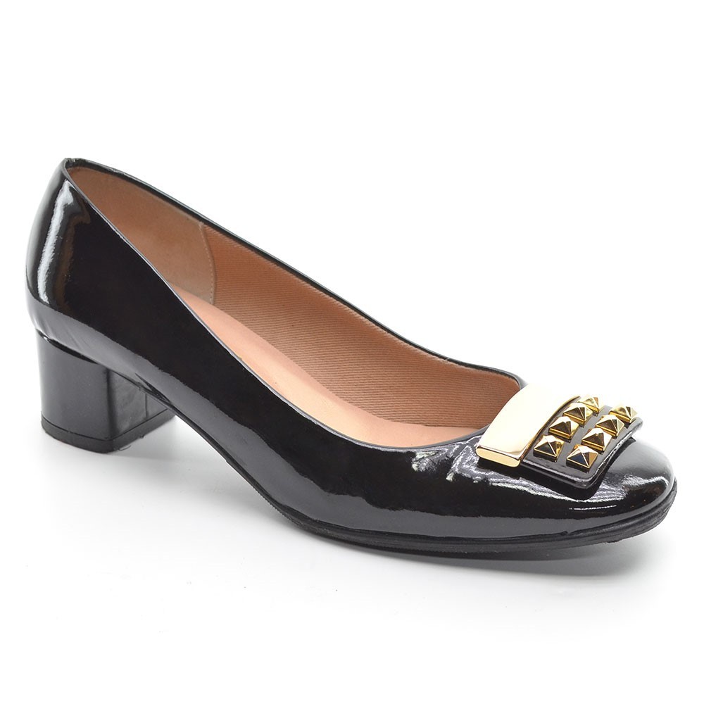 SAOLA Scarpe decolte basse donna suola francese FS NY borchie placca 7 B nere vernice tacco