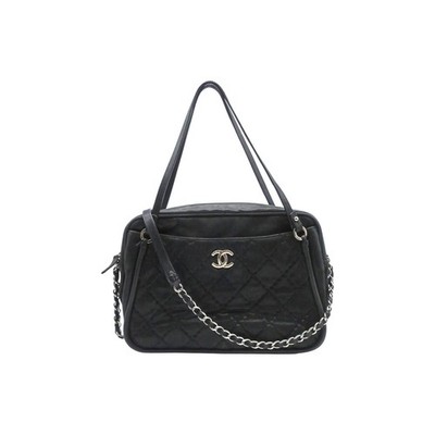 Chanel Relax CC Black Quilted Shiny Leather Camera Shoulder Bag Wild Stitch Bag