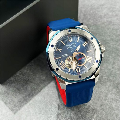 #ad Bulova Marine Star A Men#x27;s Automatic Watch Blue Dial Silicone Strap 45MM 98A282 $247.05