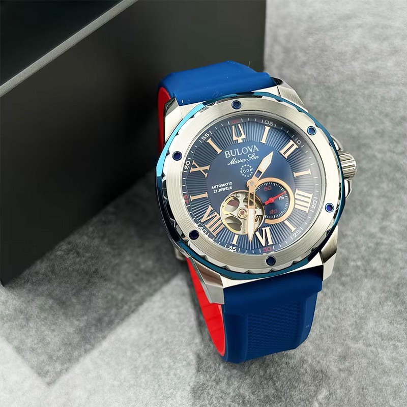 Bulova Marine Star A Men's Automatic Watch Blue Dial Silicone Strap 45MM 98A282