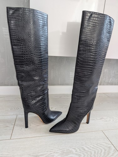 Jimmy Choo Mavis 100 Navy Croc Embossed Leather Boots Knee High Shoes Heels 39