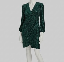Calvin Klein Women's Green Sequined Lined Faux-Wrap Pullover Sheath Dress Size 6