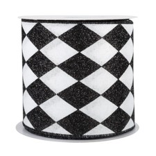 Black White Diamonds Harlequin Ribbon - 4" x 10 Yards, Argyle, Black Wire Edged