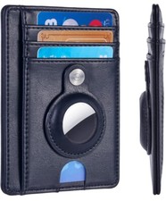 Slim Card Mens Wallet for AirTag, Front Pocket Leather Crazy Blue Minimalist
