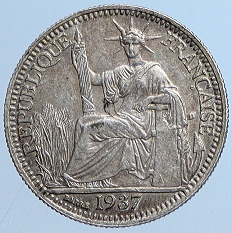 1937 A FRENCH INDO-CHINA Antique Silver 10 Centimes Coin France