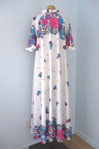 Vtg 70s 80s Village Fair Pink Purple Floral Kaftan Long Zip Lounge Robe L/XL - Picture 5 of 7