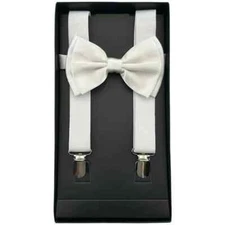 White Adult Suspenders & Matching Bow Tie BOXED Set Wedding Prom Adjustable