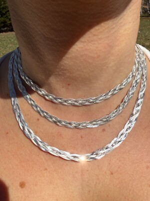 Ladies Solid 925 Sterling Silver Braided Herringbone Chain Necklace 6mm 14''-22''
