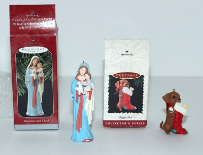Hallmark Keepsake Ornaments, 2 each, Puppy Love 1996 and Madonna and Child