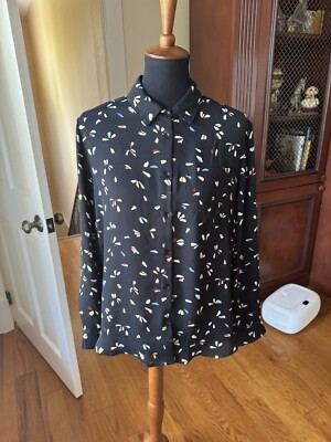 Philosophy Button Down Black Blouse. Size L. Petals Design. Breathable Material
