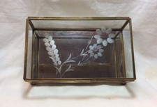Etched Glass Brass Footed Trinket Box 6.5 x 4 x 2.5 w/Mirror Bottom Vintage