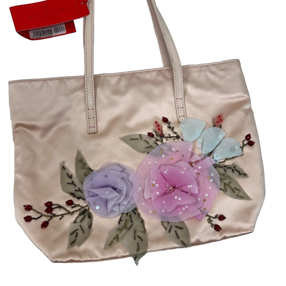 VALENTINO GARAVANI Bag Handbag Pink Satin Floral 3D Appliqué
