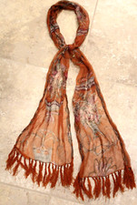 Lightweight Accent Scarf Floral Flower Sheer Fringe Rust Black Gold 70x11"