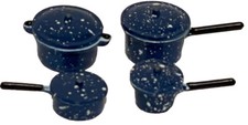 Vintage Dollhouse Pot  Pan Set Blue White Speckle Mini Dollhouse Kitchenware